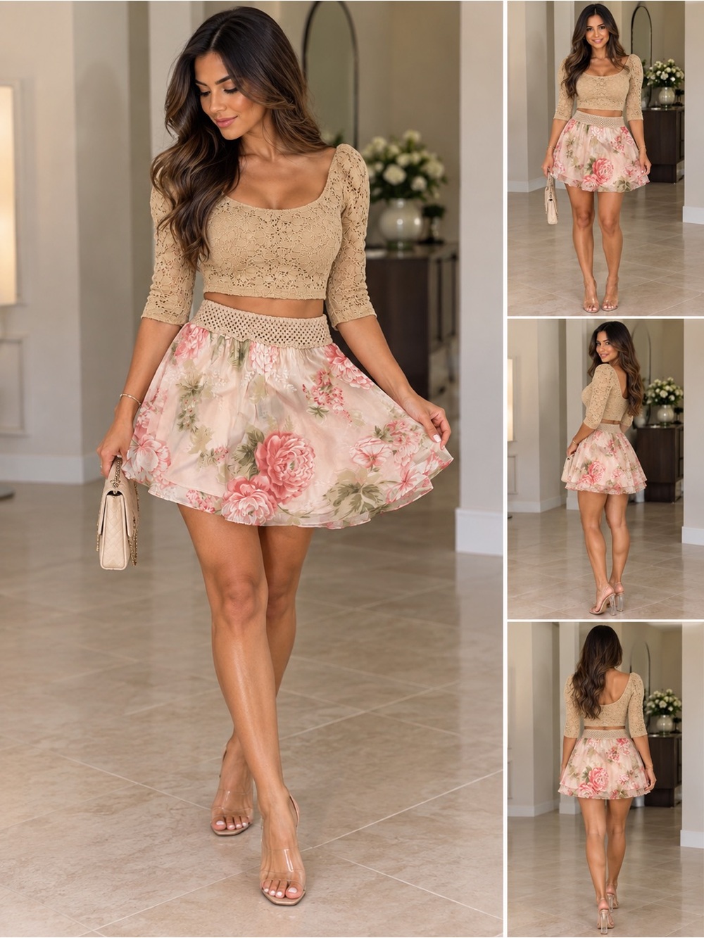 Love Culture Pink Floral Mini Skirt with Crochet Waist